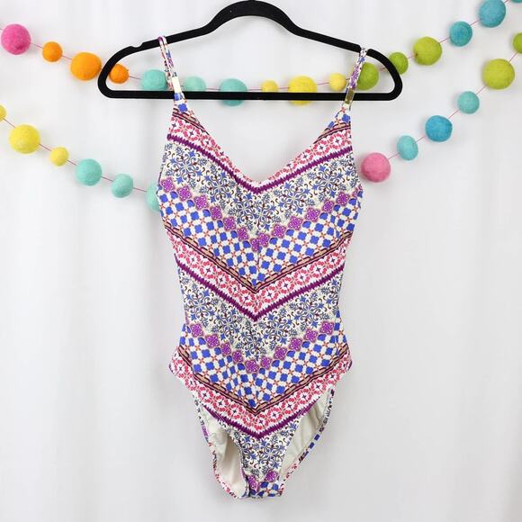 La Blanca Purple Floral Striped One Piece Swimsuit V-Neck Lattice Back Size 6 - Picture 1 of 5
